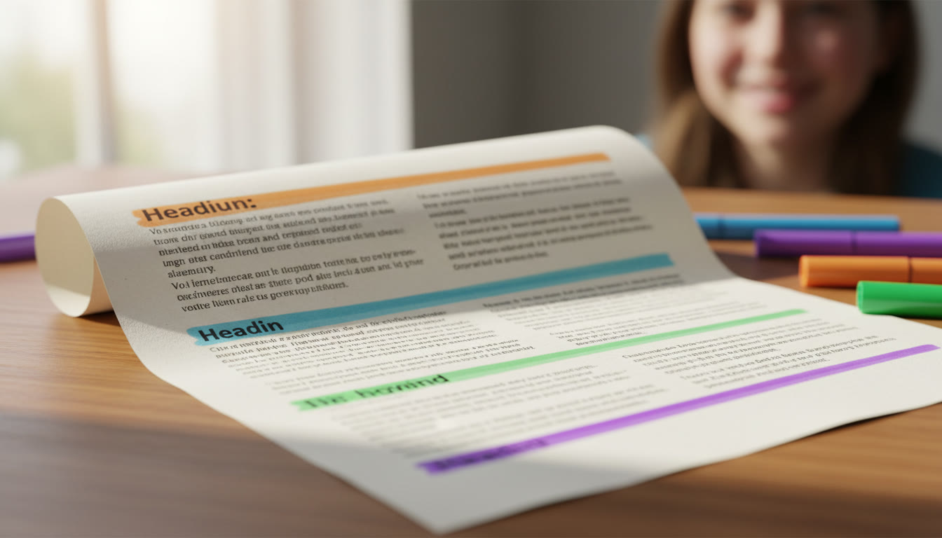 Photo Idea : close-up of a printed essay with headings highlighted in different colors