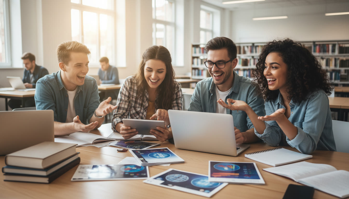 Photo Idea : A small group of diverse students gathered around a table covered with notebooks, laptops, and brochures, pointing and smiling