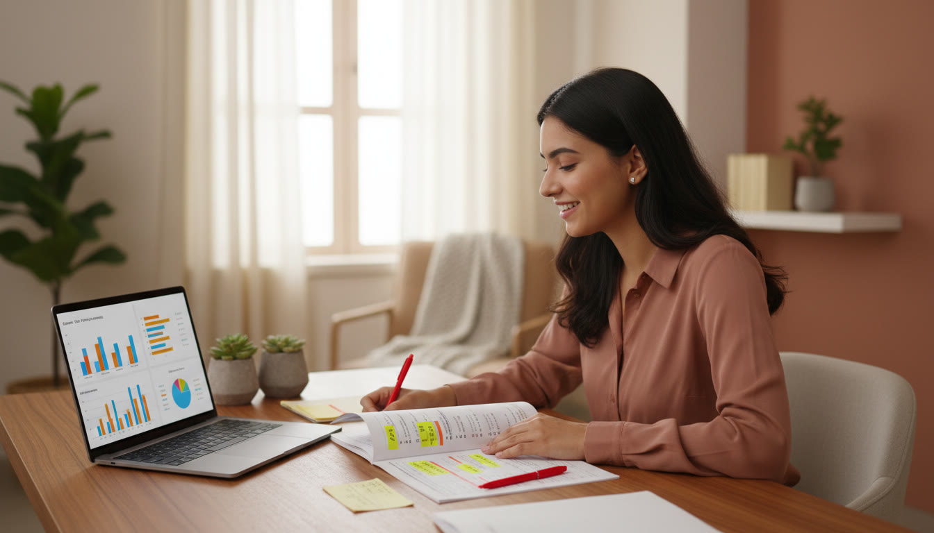 Photo Idea : Student reviewing mock test paper with highlighted errors and a laptop showing analytics