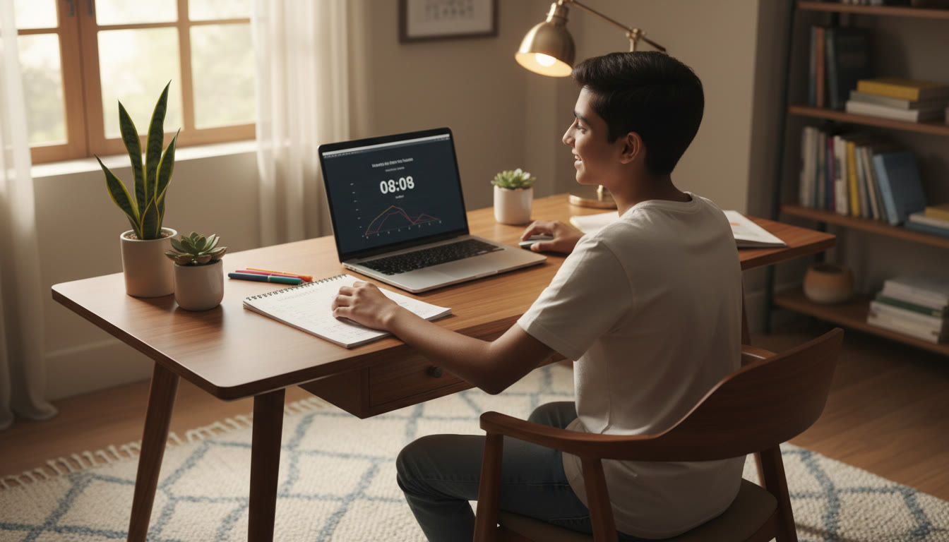 Photo Idea : Student at a study desk timed by a laptop, mock test paper, and a notebook