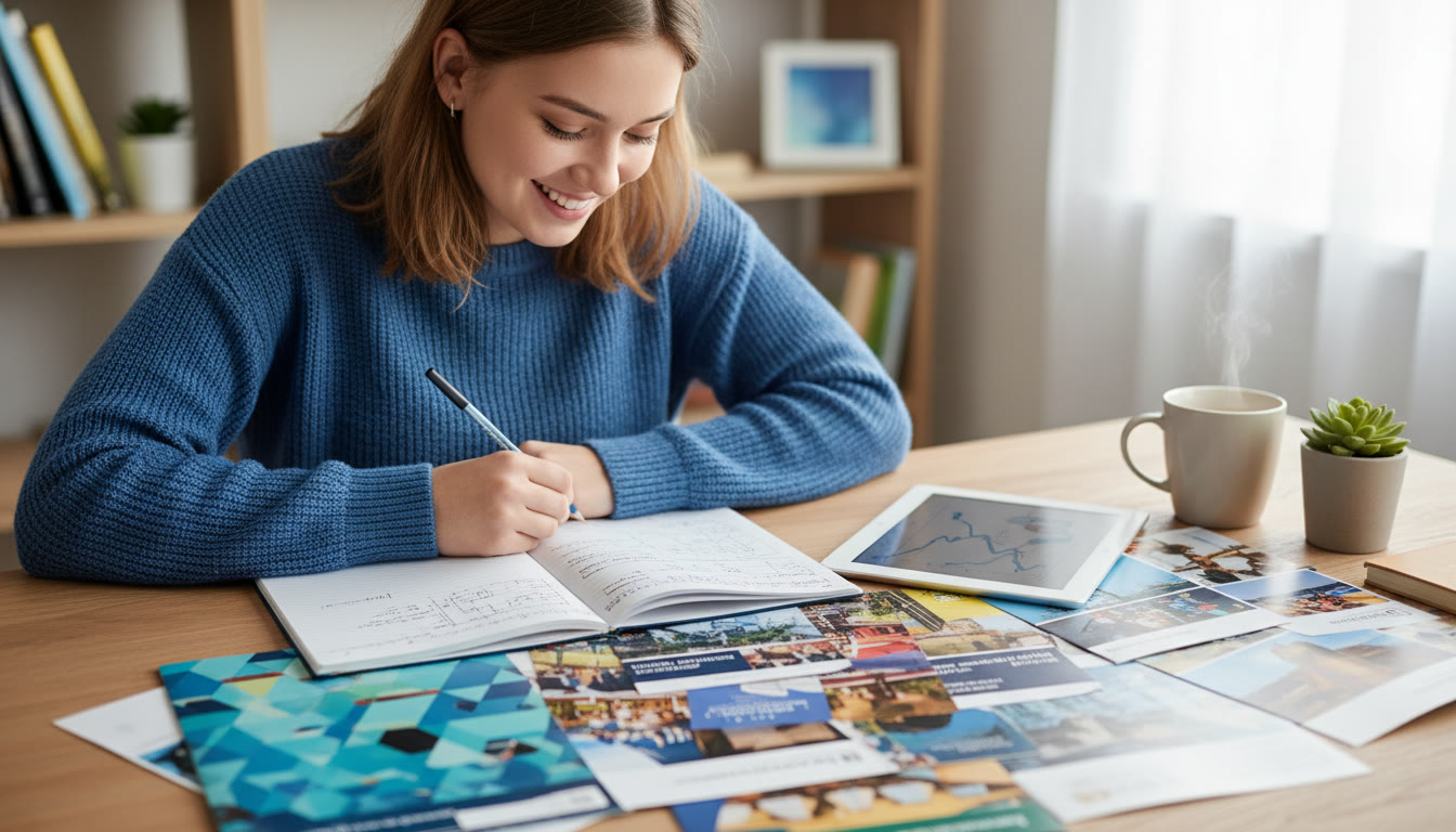 Photo Idea : Student at a desk surrounded by colorful university brochures and an open IB notebook