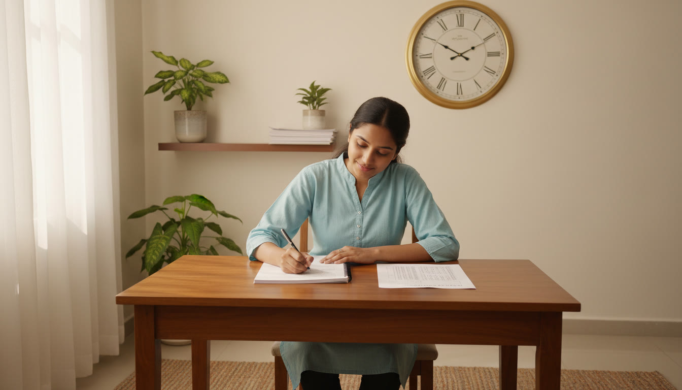 Photo Idea : A student taking a timed full-length mock exam in a quiet room, with a wall clock and a printed score sheet