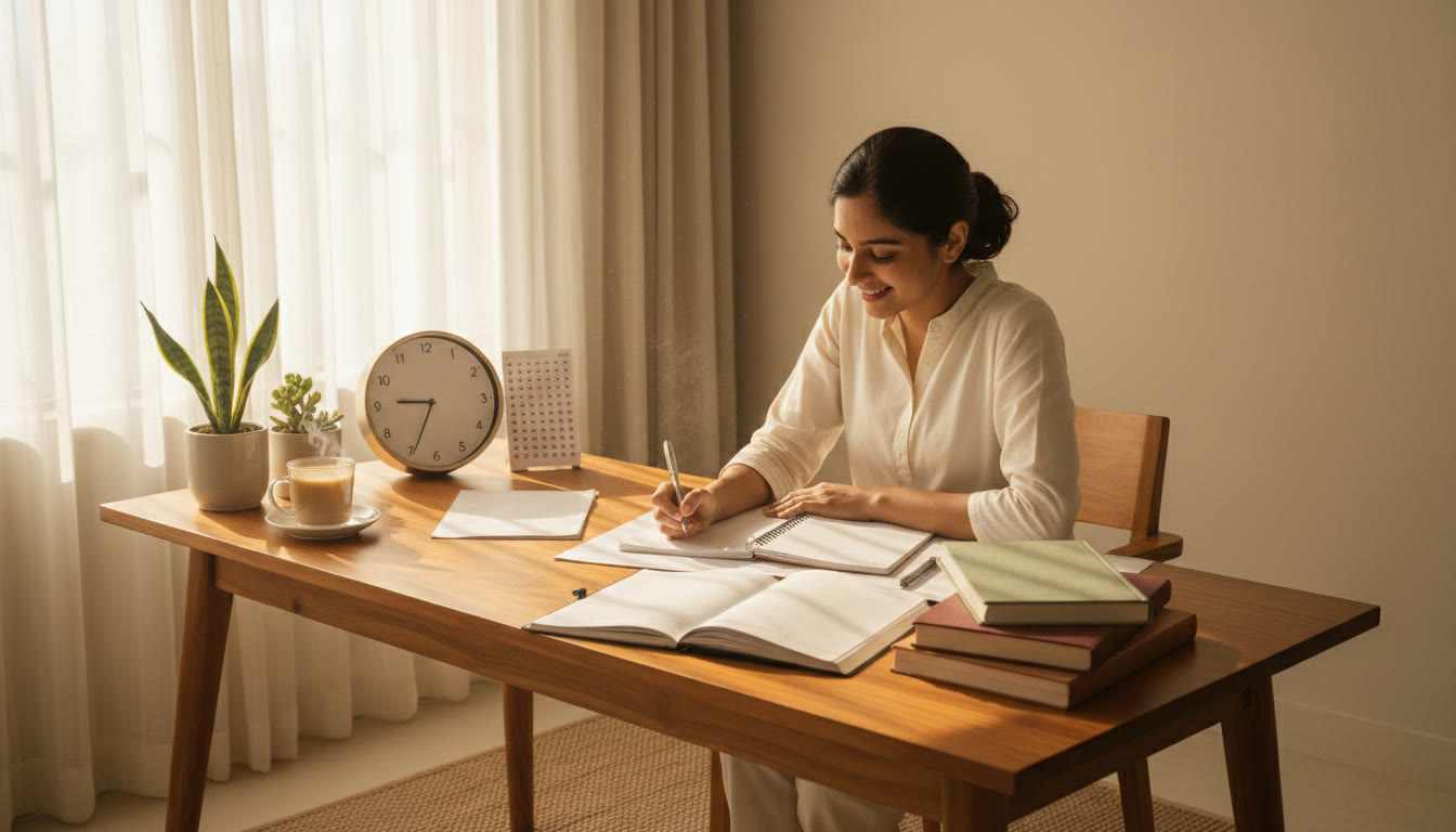 Photo Idea : A student at a tidy desk with notebooks, a clock showing focused study time, and a mock OMR sheet nearby