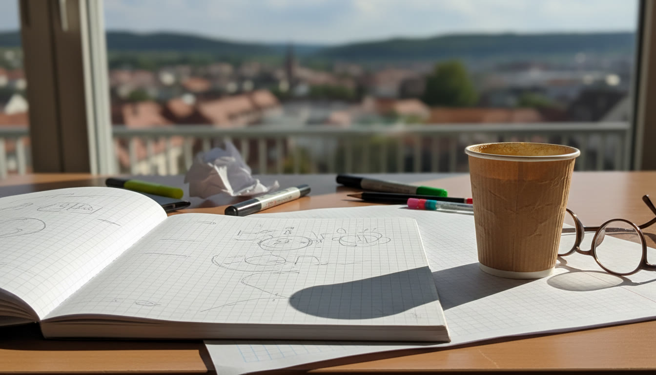 Photo Idea : Close-up of IB notebook pages, lab report drafts, and a coffee cup on a desk in a student apartment near Heidelberg