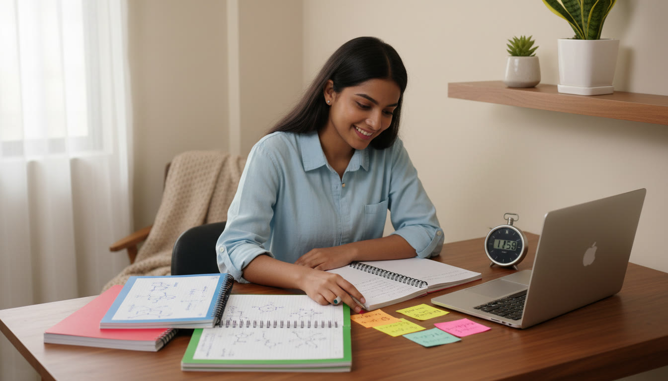 Photo Idea : Focused student at a desk with Physics, Chemistry and Mathematics notes, a laptop showing a mock test timer, and sticky notes with formulas
