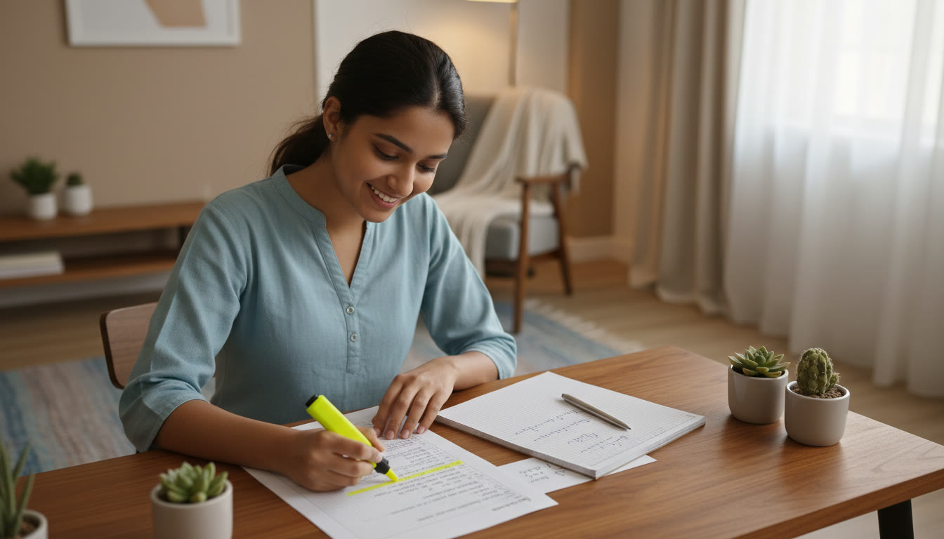 Photo Idea : A student reviewing a mock answer sheet with a highlighter and error log on a desk
