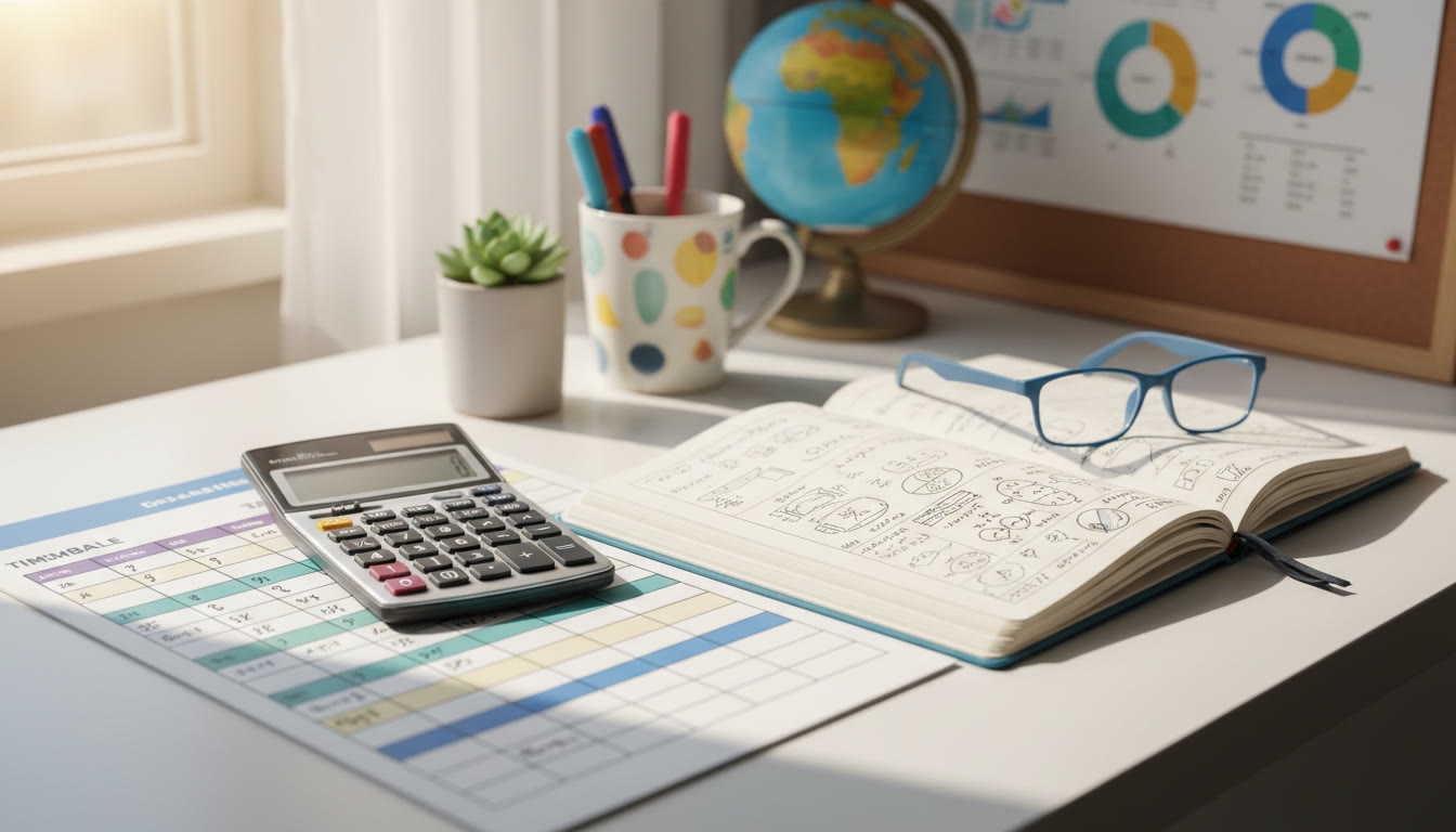 Photo Idea : A study desk with a timetable, notebook, and calculator, showing a focused study plan