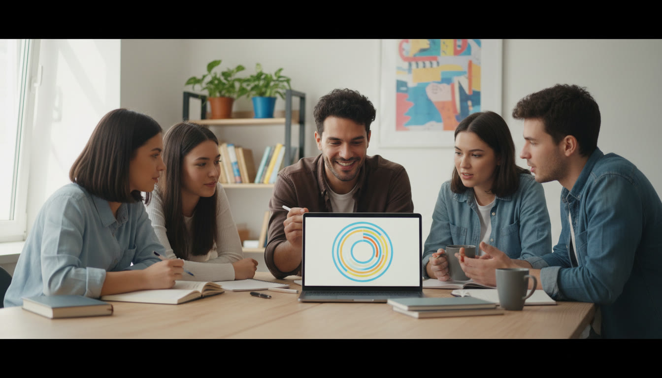 Photo Idea : A small group tutoring session around a laptop, with a tutor pointing to a diagram