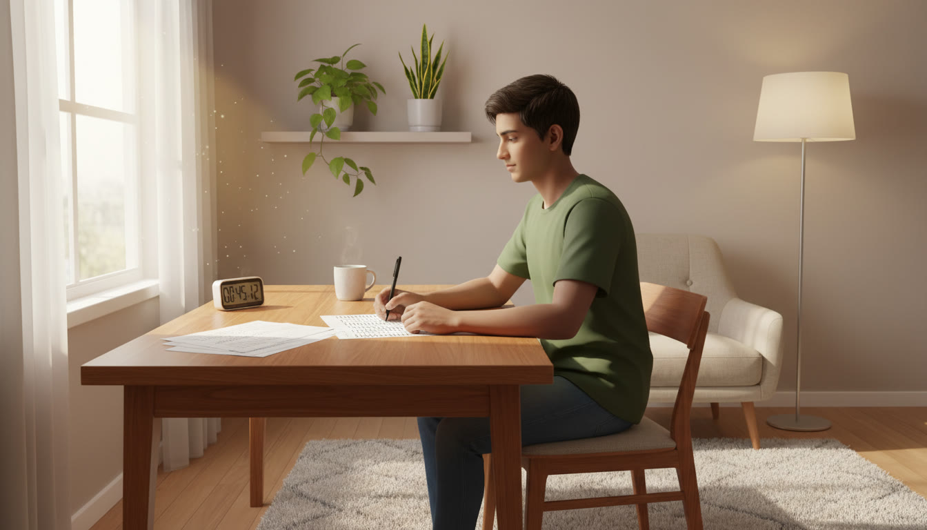 Photo Idea : Student practicing OMR sheet with a calm, focused posture and stopwatch beside the desk