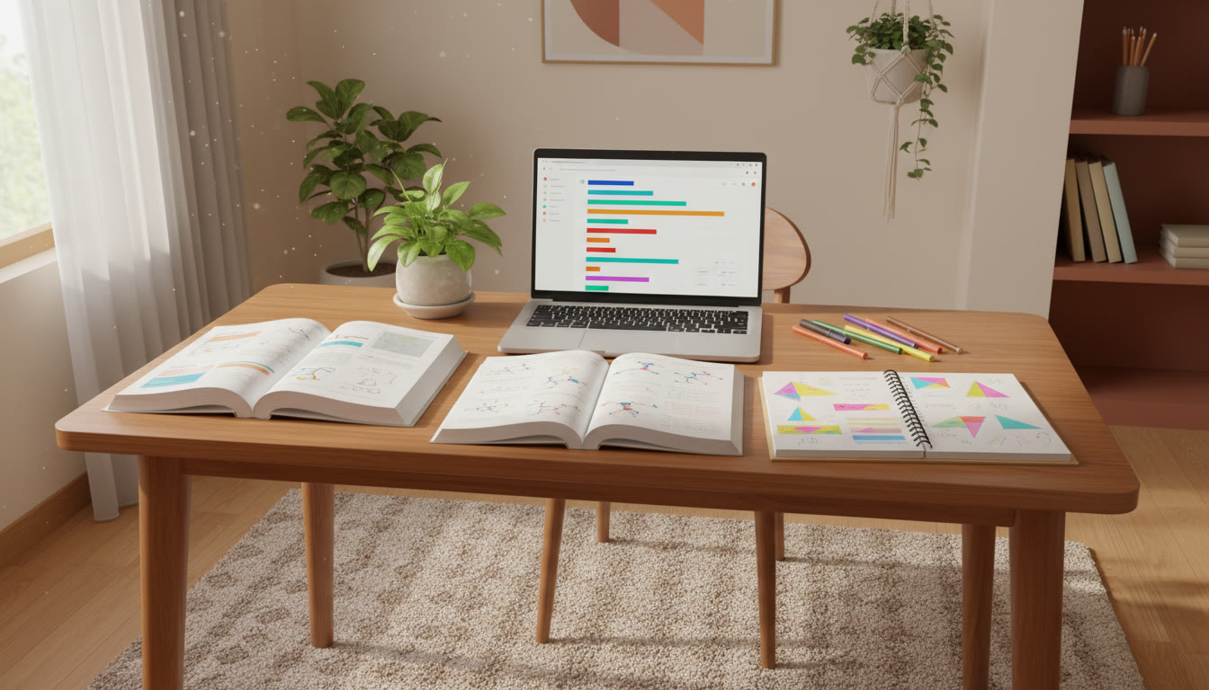 Photo Idea : Focused student desk with open Physics, Chemistry, and Mathematics books, laptop showing a timed mock test, and a notebook with highlighted notes.