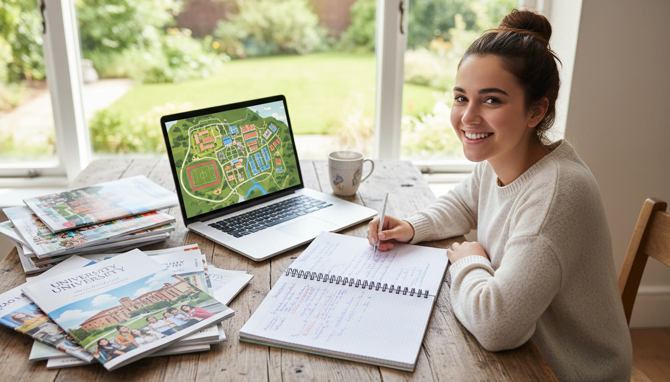 Photo Idea : Student at a desk surrounded by notebooks, university prospectuses, and a laptop showing a campus map