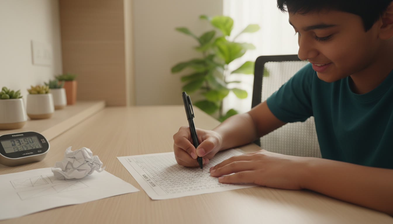 Photo Idea : Close-up of a student filling an OMR sheet carefully with a stopwatch and rough sheet nearby