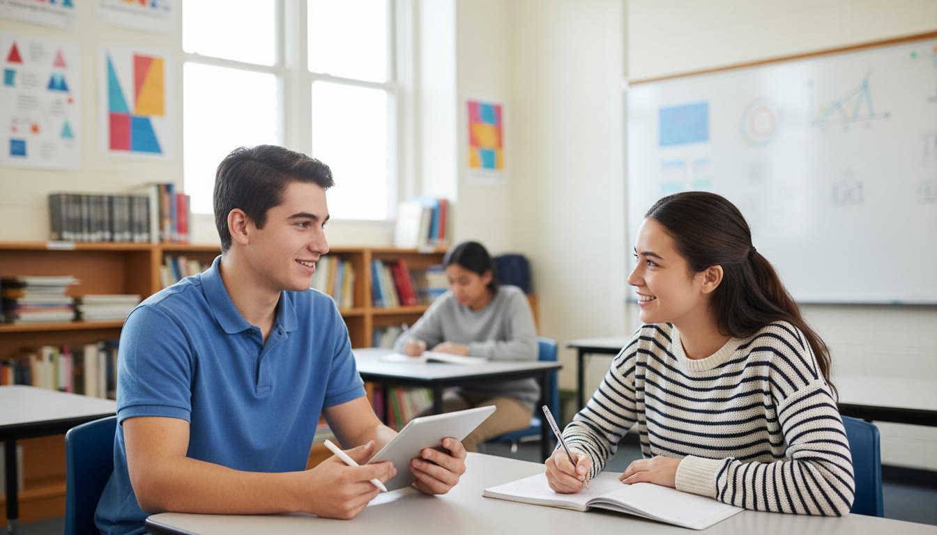 Photo Idea : Two students conducting a mock interview in a classroom, one taking notes