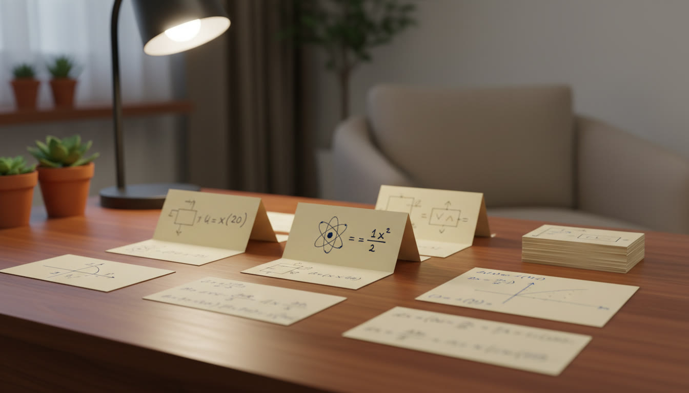 Photo Idea : close-up of organized revision index cards with formulas and small sketches