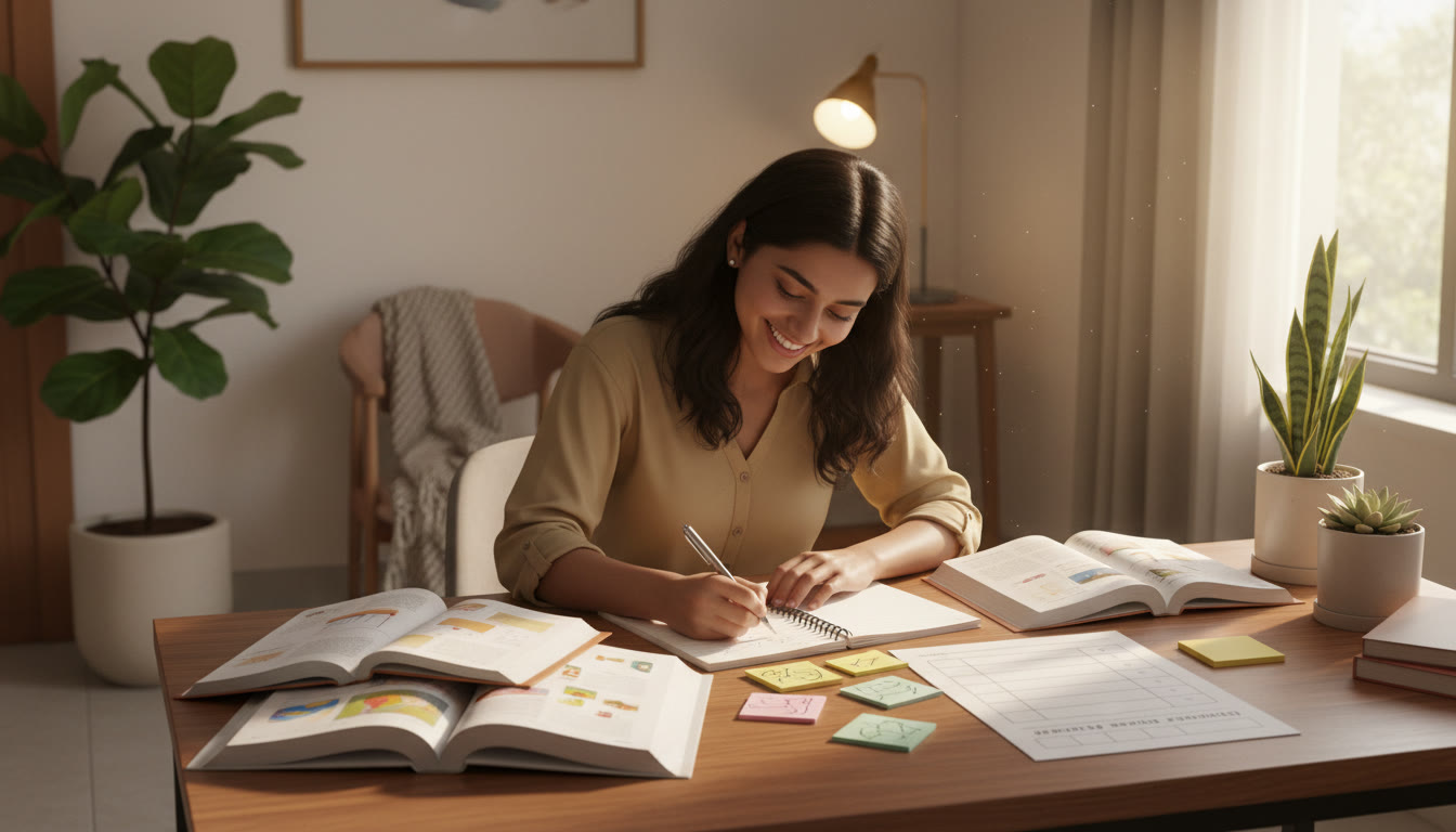 Photo Idea : A student writing neatly at a desk, with open textbooks, sticky notes, and a mock answer paper nearby