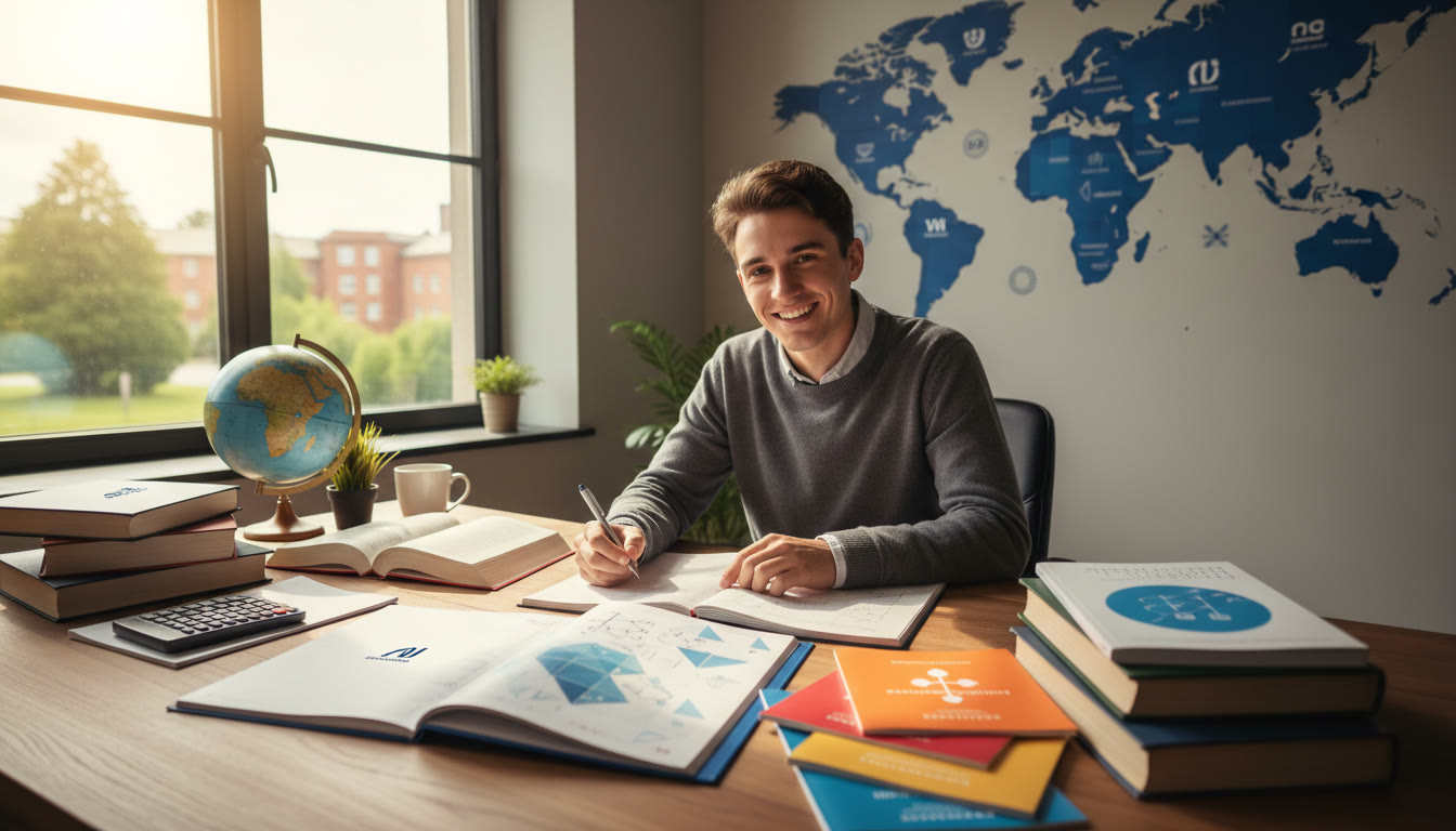 Photo Idea : A focused IB student at a desk surrounded by subject guides and university brochures