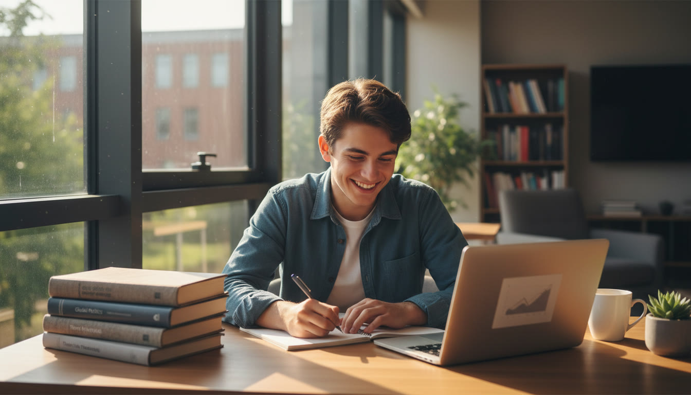 Photo Idea : Student writing at a desk with IB diploma books and a laptop, sunlight through a window