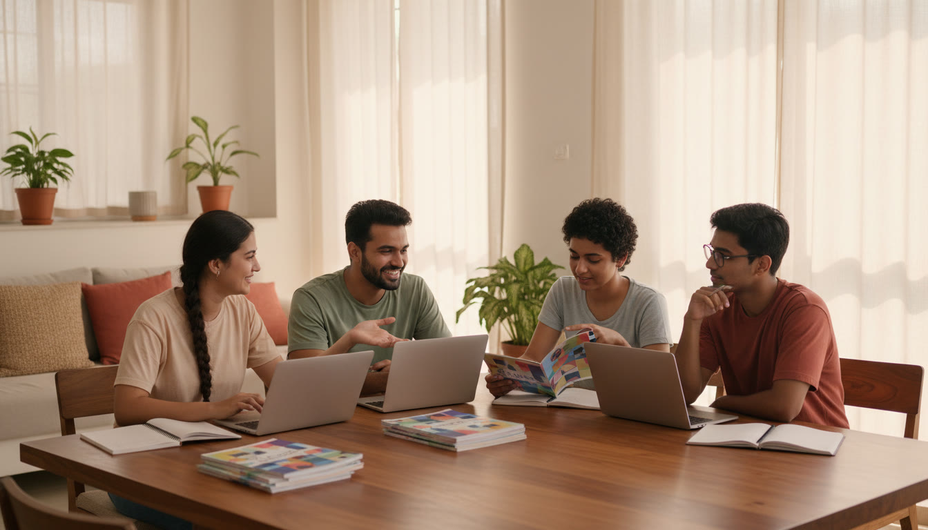 Photo Idea : A small, diverse group of students around a table with laptops, notebooks and college brochures, discussing options with reassuring body language