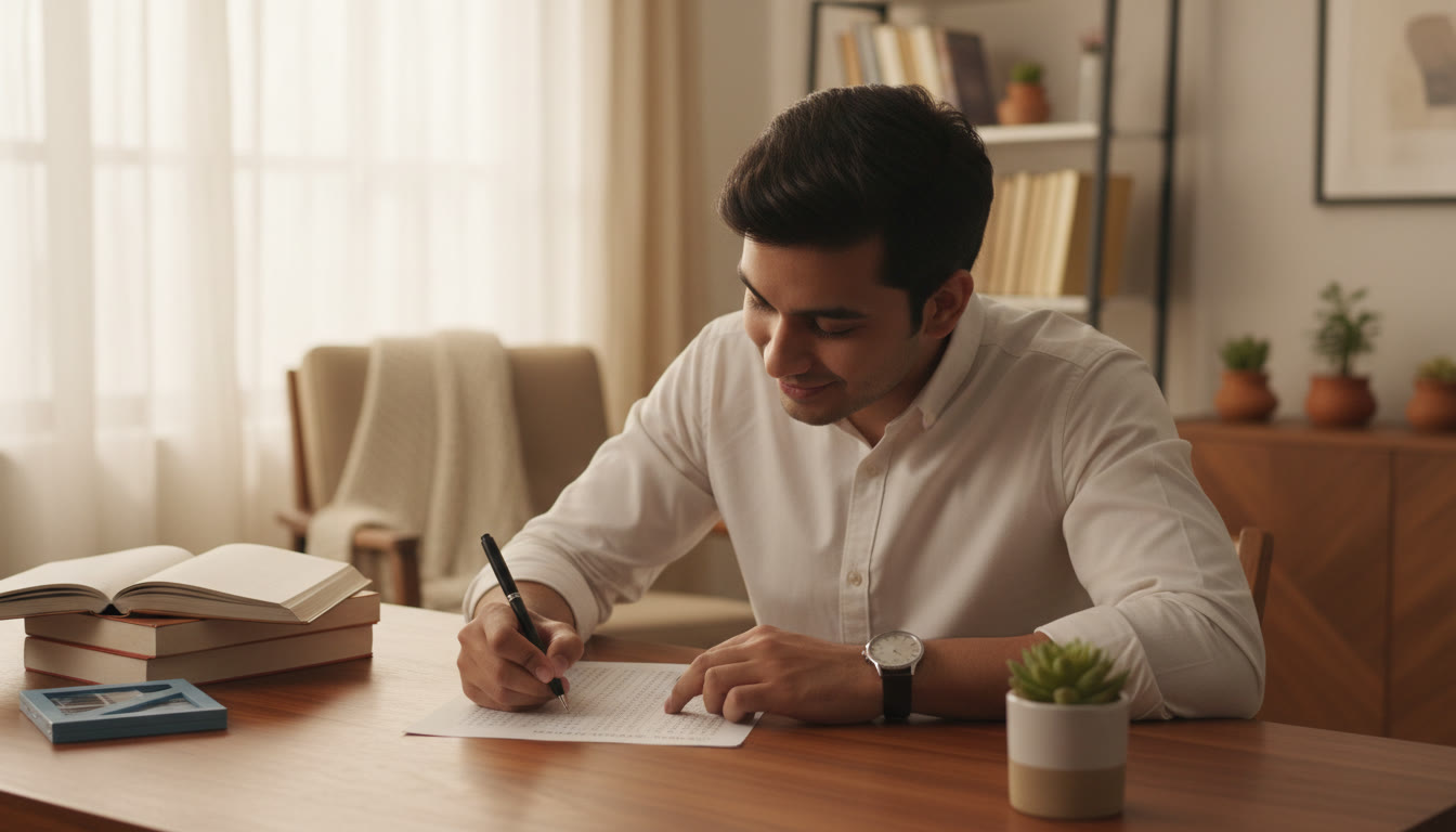 Photo Idea : A focused student at an exam desk marking answers on an OMR sheet with a wristwatch visible.