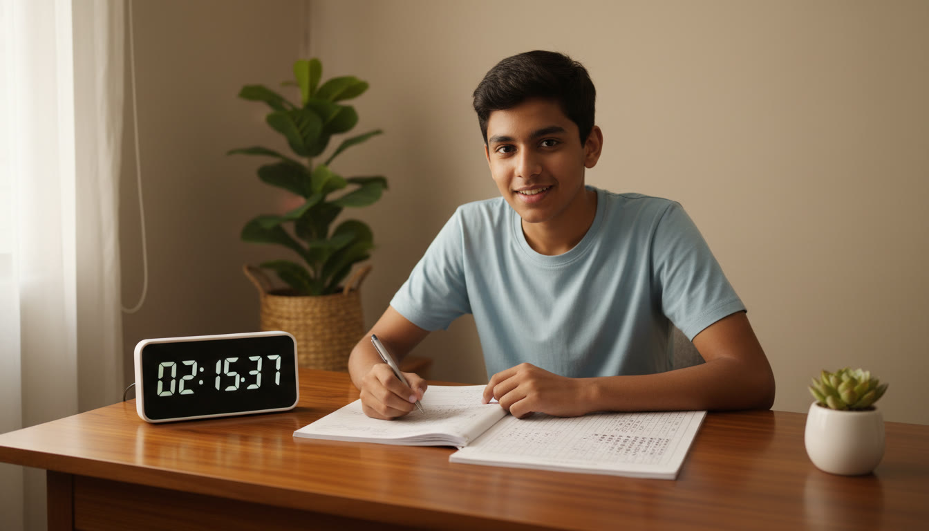 Photo Idea : A focused student solving a full-length mock test on a desk with timer and OMR sheet visible