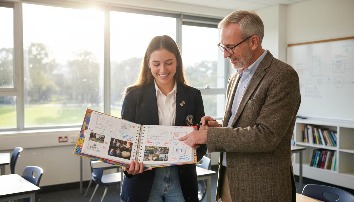 Photo Idea : A student presenting a polished portfolio to their teacher with annotated feedback notes