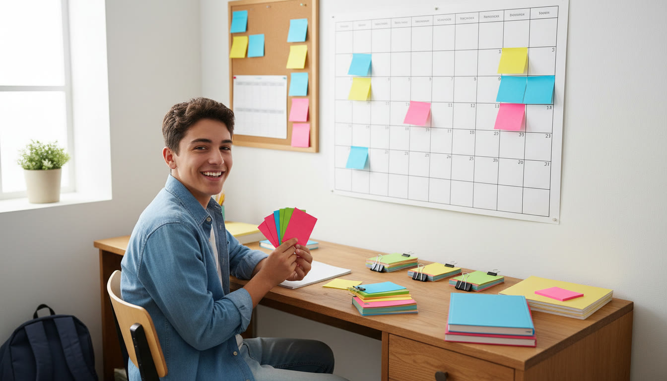 Photo Idea : Student at a desk with a large wall calendar, sticky notes and color-coded revision cards