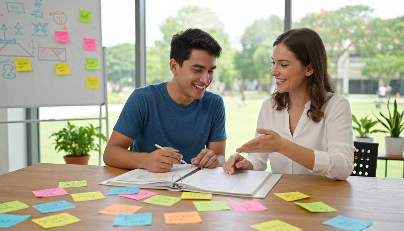 Photo Idea : Student and counselor reviewing project feedback at a desk with colorful sticky notes