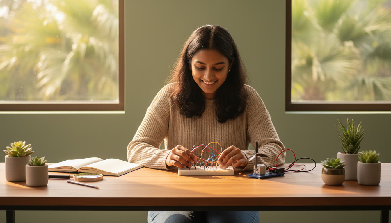 Photo Idea : A student performing a simple physics experiment with a circuit board and a clear, labeled notebook