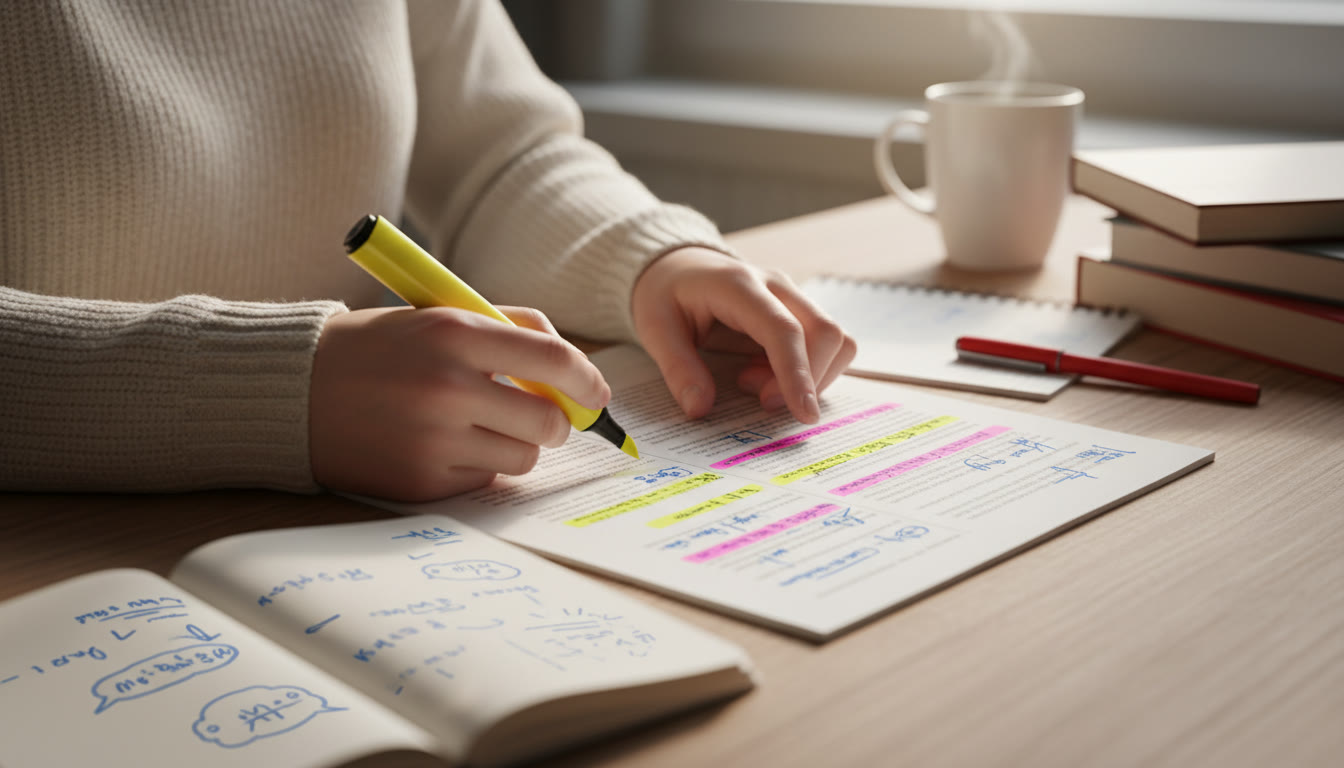 Photo Idea : close-up of a student annotating a printed article, with highlighted phrases and handwritten notes