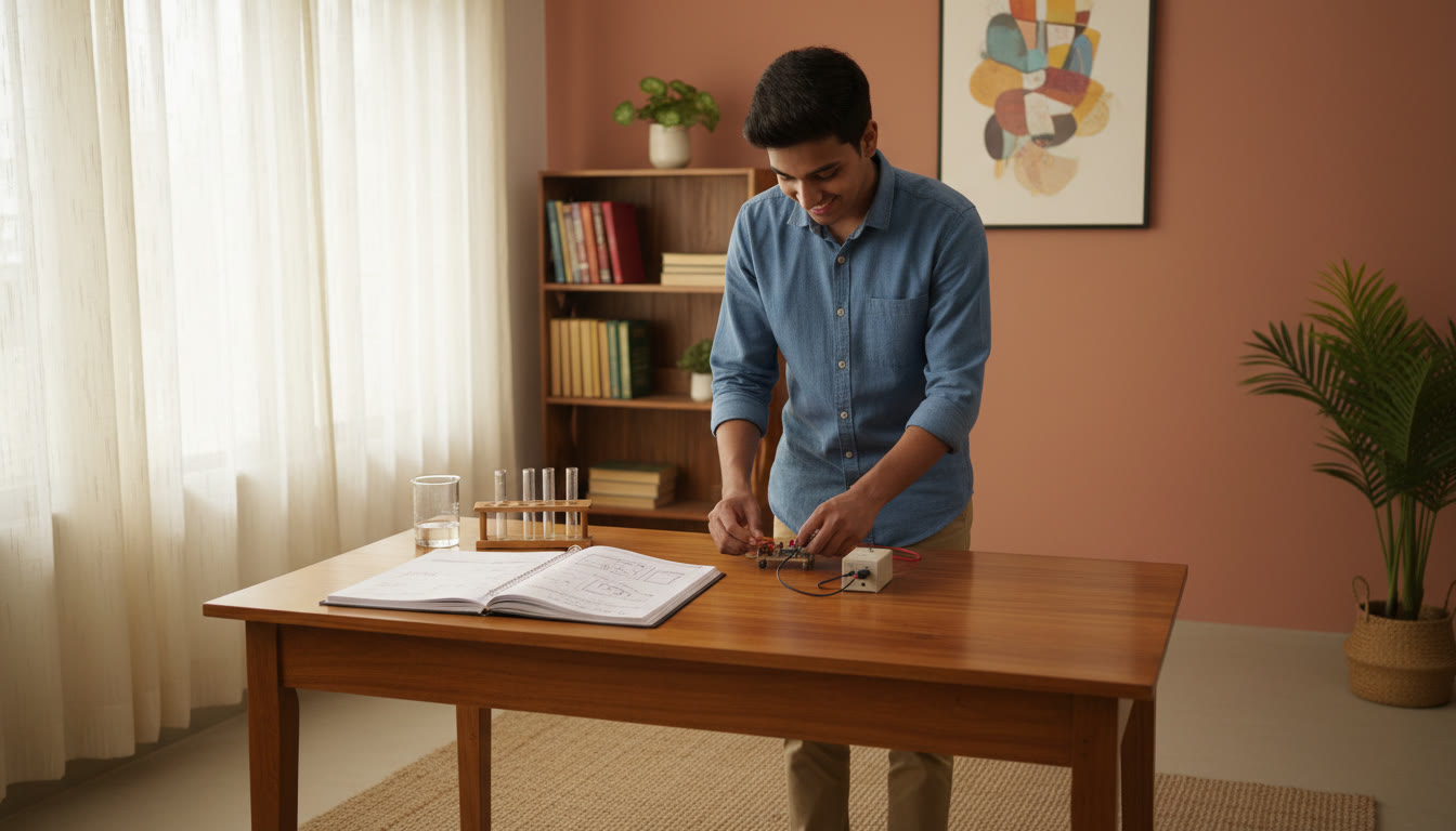 Photo Idea : Student setting up a physics experiment with a neatly written practical file on the desk