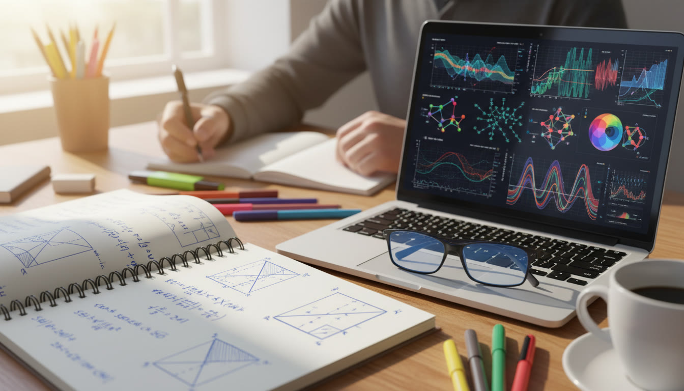 Photo Idea : Close-up on a student notebook with math equations next to a laptop showing simulation software