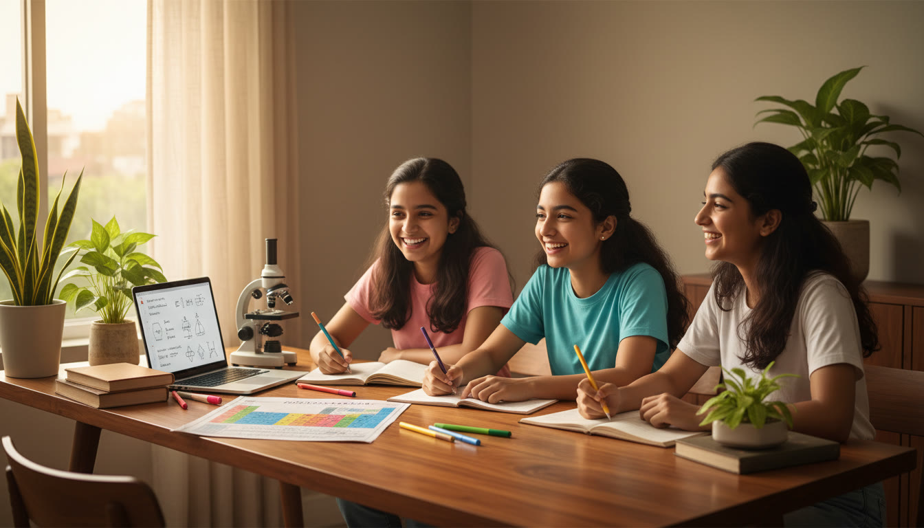 Photo Idea : A small group of Class 9–10 students around a table with notebooks, a periodic table poster, a microscope and a laptop open to notes