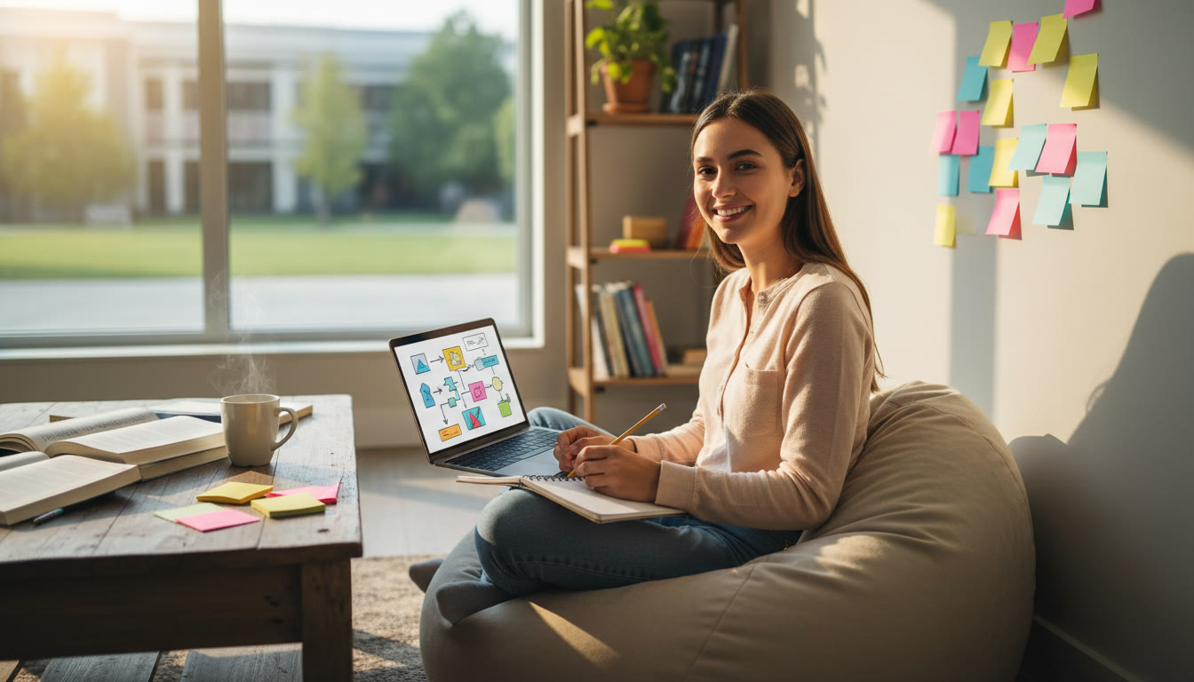 Photo Idea : Student with a laptop and notebook surrounded by sticky notes, sketching a research plan