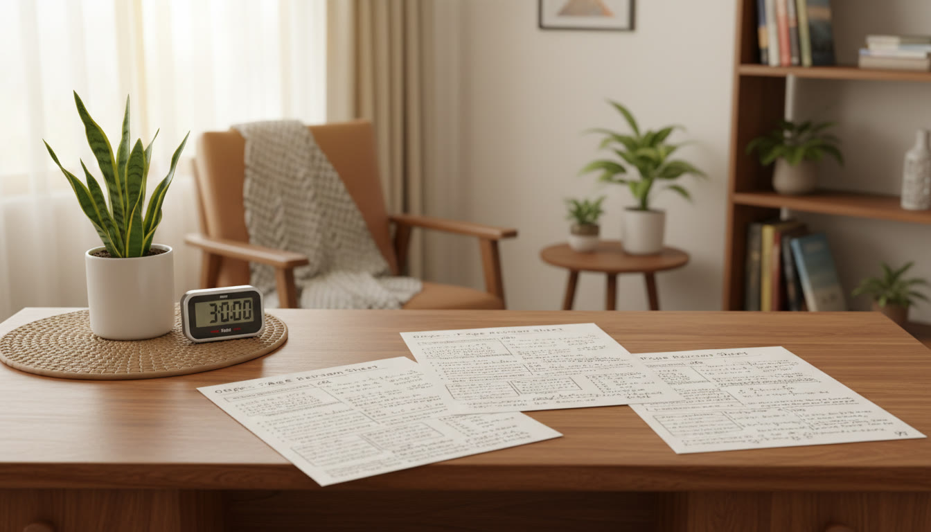 Photo Idea : A small table with neatly written one-page revision sheets for three physics chapters and a stopwatch showing 3:00:00