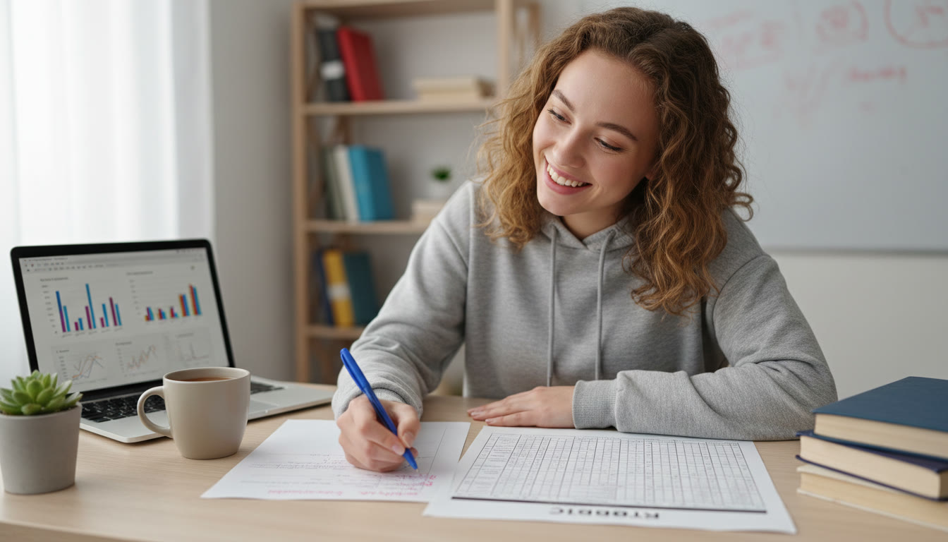 Photo Idea : Student at a tidy desk highlighting a printed IA rubric and annotating a draft