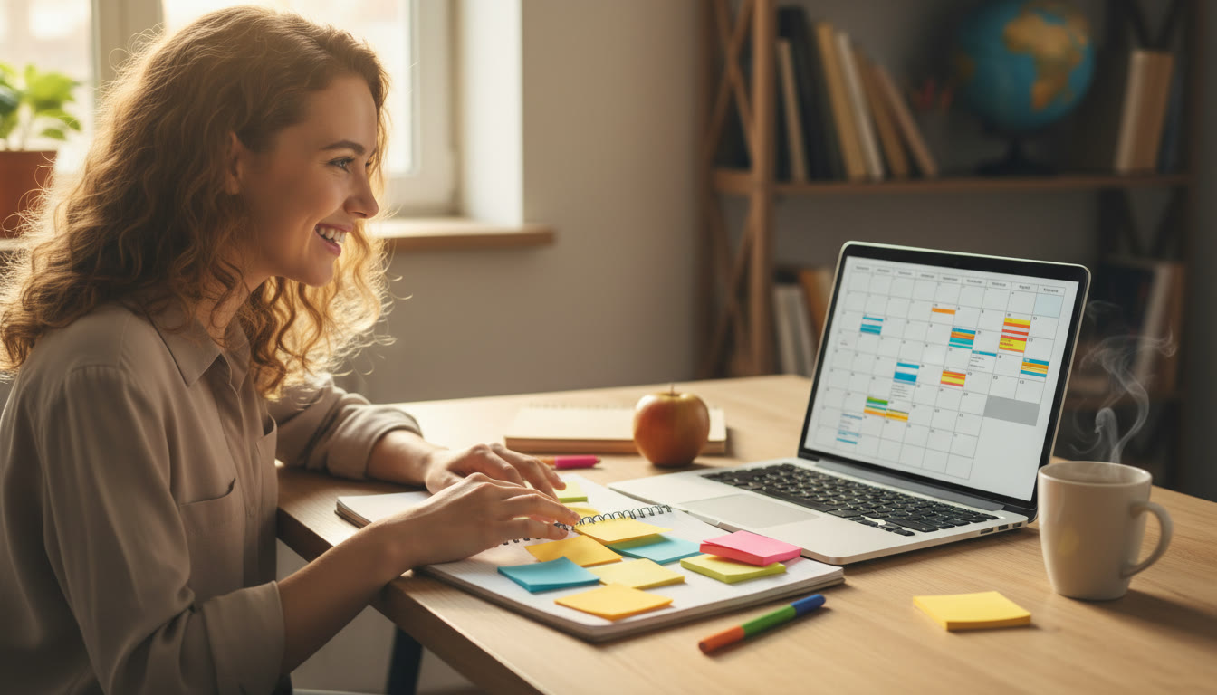 Photo Idea : Student at a desk with an open notebook, color-coded sticky notes, and a laptop calendar showing staggered deadlines