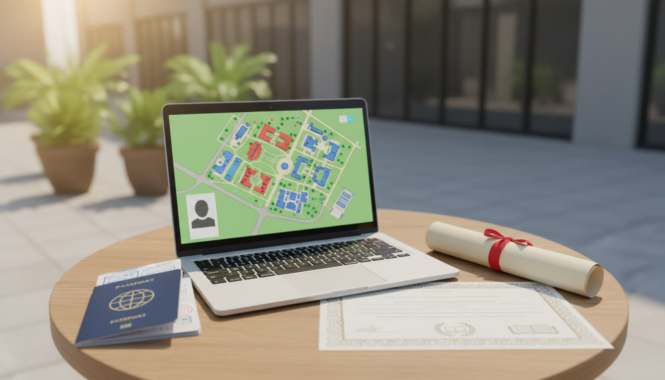 Photo Idea : A small table with a laptop open to KTH campus map, passport, and IB Diploma certificate