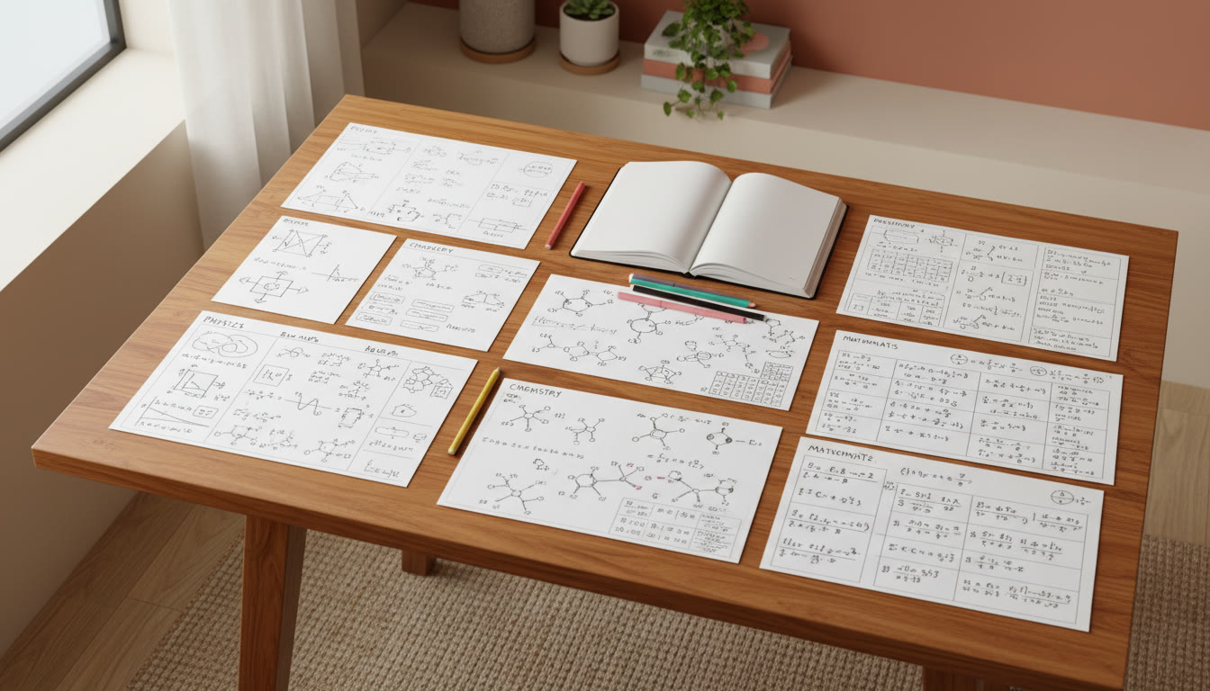 Photo Idea : Overhead view of neatly organized revision sheets for Physics, Chemistry, and Mathematics on a wooden desk