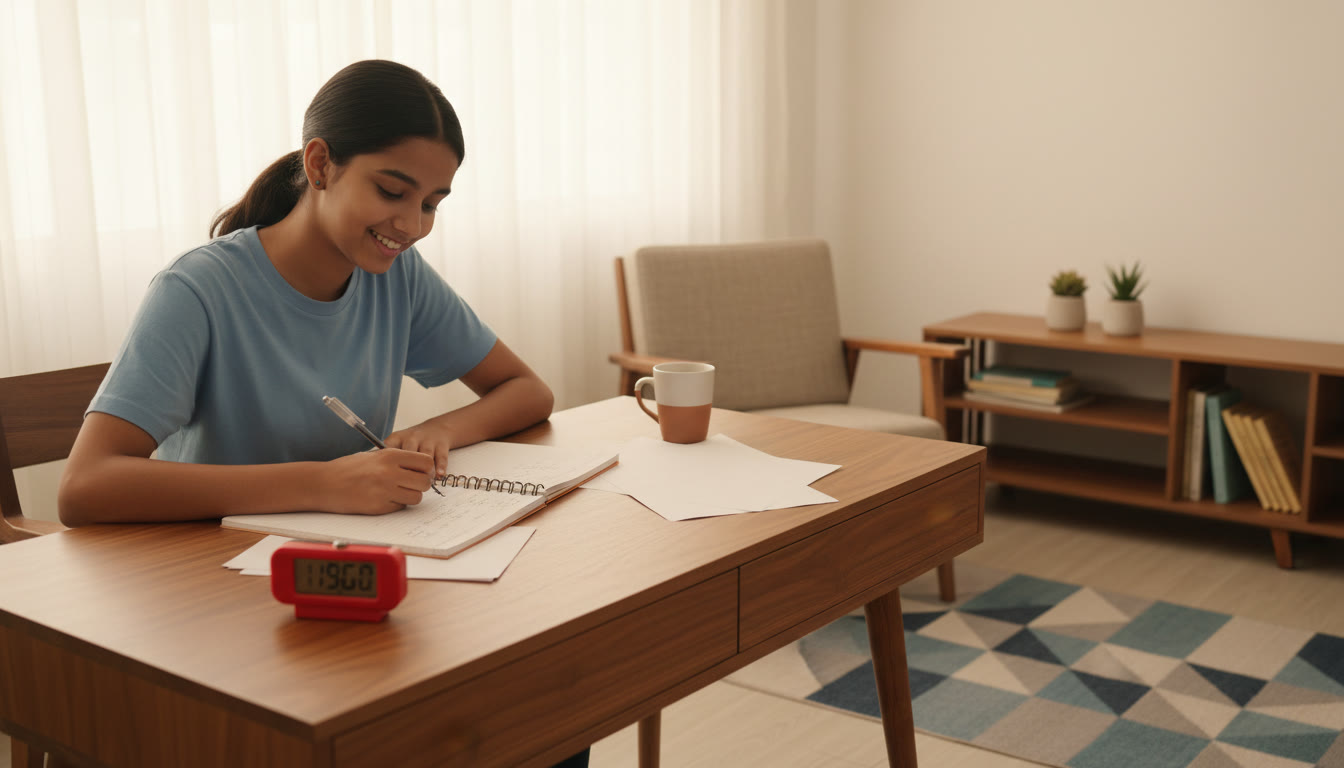 Photo Idea : A focused student solving problems with a notebook and timer on the table