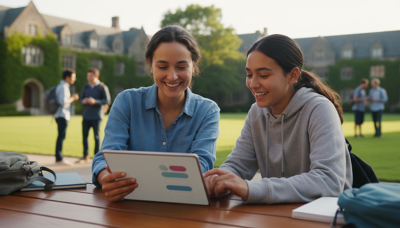 Photo Idea : A volunteer and a student sitting with a tablet, entering a reflection and smiling