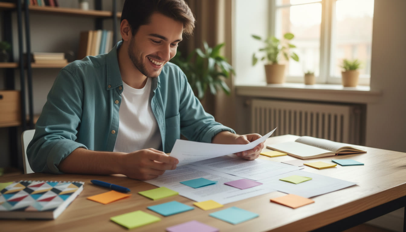 Photo Idea : Student at a desk reviewing a printed TOK essay with colorful sticky notes