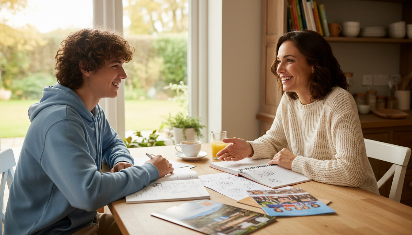Photo Idea : Student and parent sitting at a kitchen table with notebooks and university brochures, talking calmly