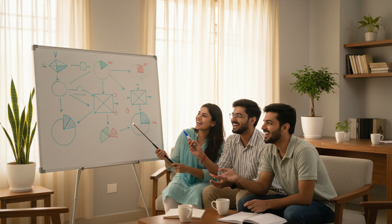 Photo Idea : A small group discussing solutions over a whiteboard with diagrams and charts