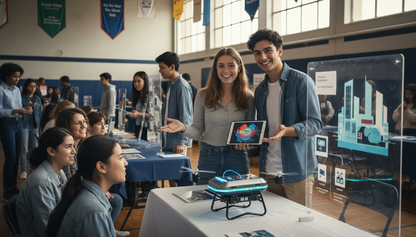 Photo Idea : Two students presenting a startup prototype at a school fair