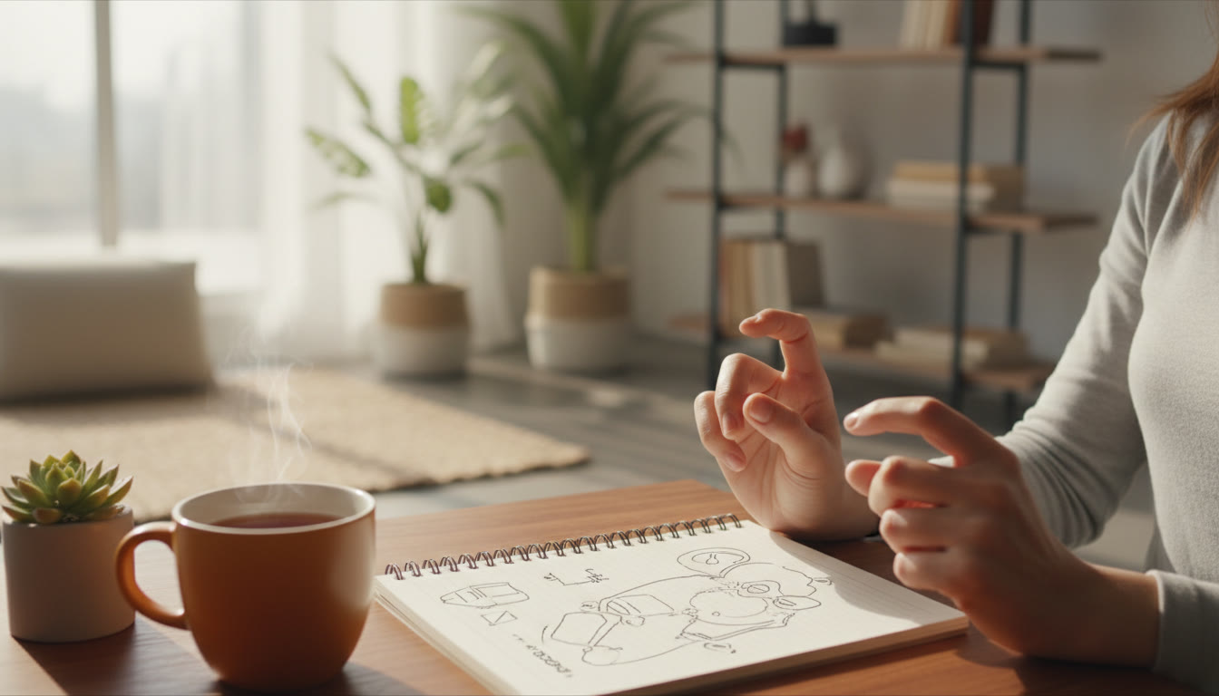Photo Idea : Close-up of hands doing a breathing exercise next to a notebook labeled 