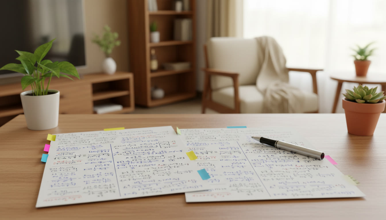 Photo Idea : Neatly written two-page physics formula sheet with coloured sticky tabs and a pen