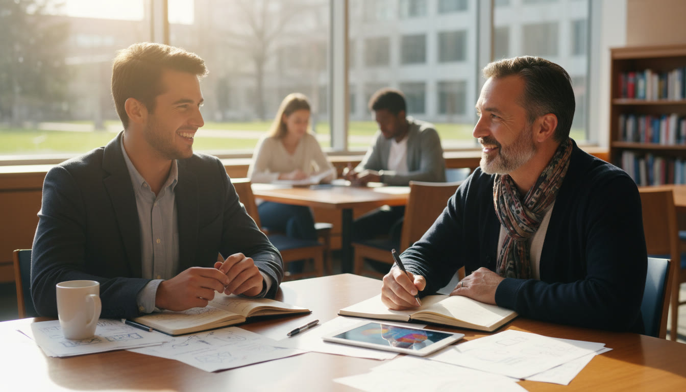 Photo Idea : Student in a mock interview setting with a mentor and notes on a table