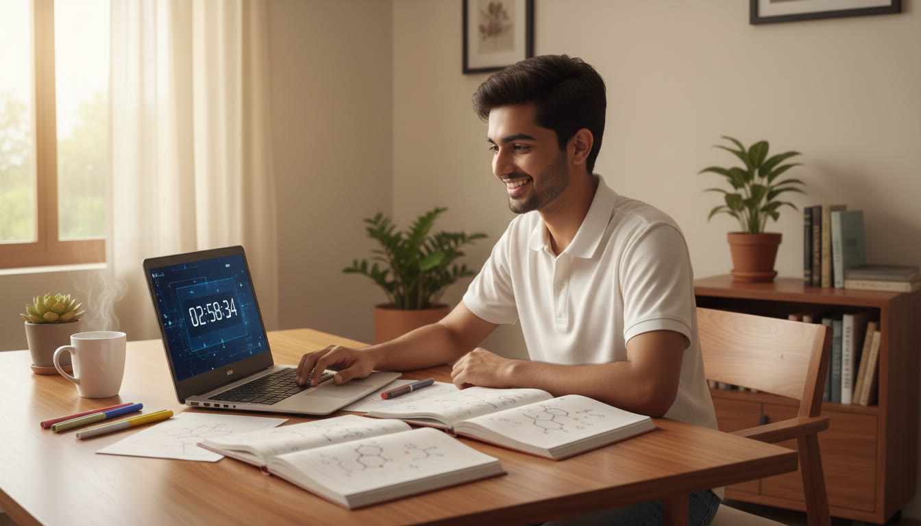 Photo Idea : Student at a study table taking a 3-hour mock test on a laptop, with a timer visible and notebooks open.