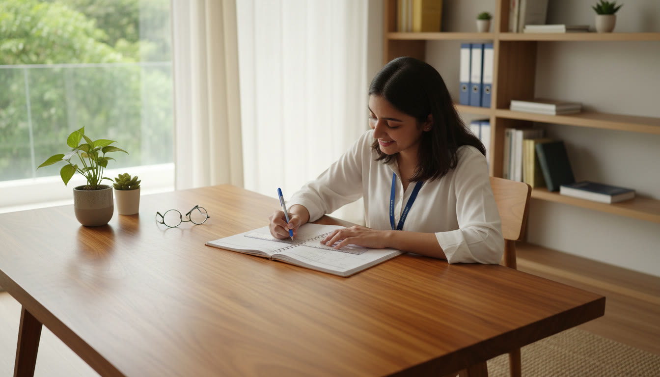 Photo Idea : Student writing a neat practical record with a ruler and pen on a wooden desk