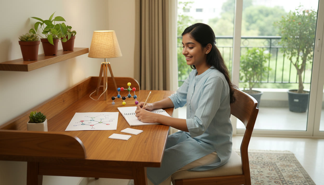 Photo Idea : A student writing in a neat notebook with a pencil, a small stack of flashcards and a labelled diagram beside a chemistry model kit